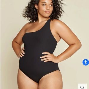 Andie Swin black ribbed Wynwood 1 shoulder suit L